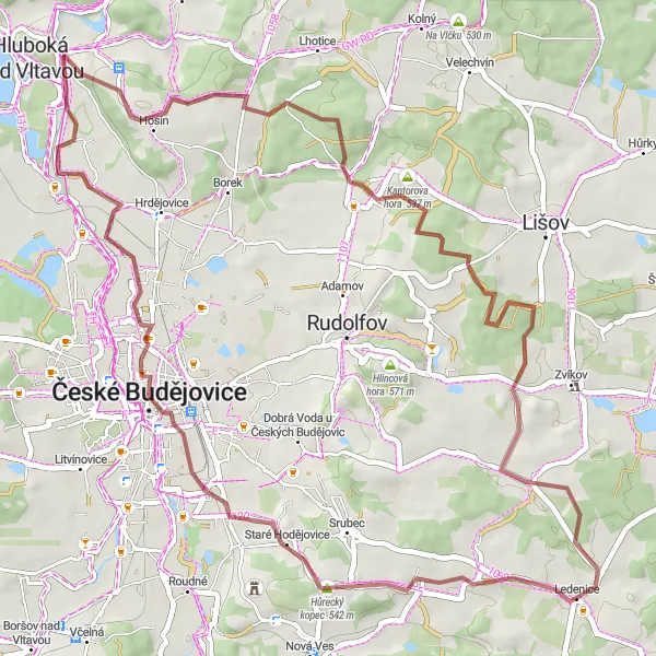 Mapa miniatúra "Gravelová trasa okolo Ledenic" cyklistická inšpirácia v Jihozápad, Czech Republic. Vygenerované cyklistickým plánovačom trás Tarmacs.app