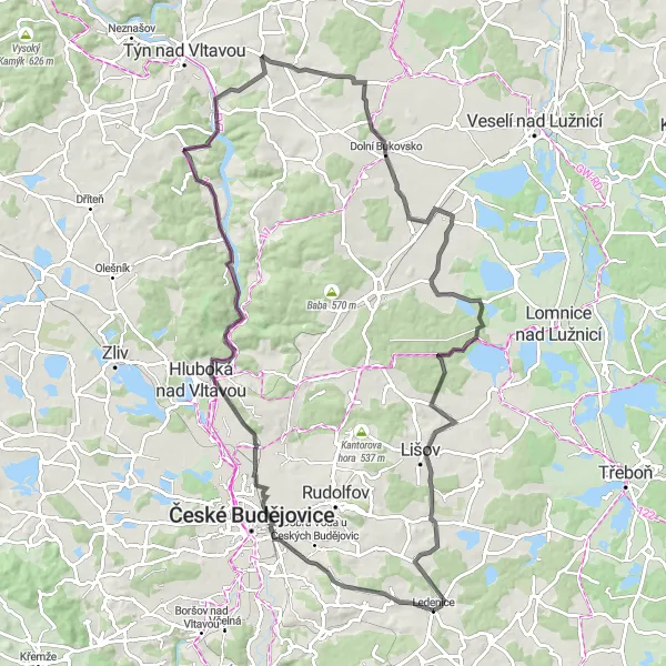 Mapa miniatúra "Výzva kolem Bukovska" cyklistická inšpirácia v Jihozápad, Czech Republic. Vygenerované cyklistickým plánovačom trás Tarmacs.app