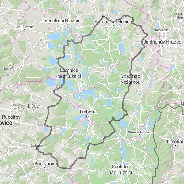 Mapa miniatúra "Panoramatická cesta přes Lomnici" cyklistická inšpirácia v Jihozápad, Czech Republic. Vygenerované cyklistickým plánovačom trás Tarmacs.app