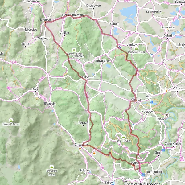 Mapa miniatúra "Gravel Lhenice - Triangl" cyklistická inšpirácia v Jihozápad, Czech Republic. Vygenerované cyklistickým plánovačom trás Tarmacs.app