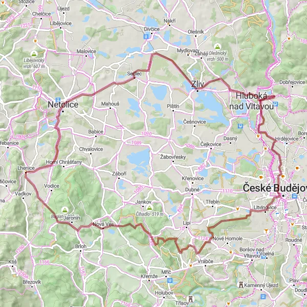 Map miniature of "Round-trip Cycling Route near Lhenice" cycling inspiration in Jihozápad, Czech Republic. Generated by Tarmacs.app cycling route planner