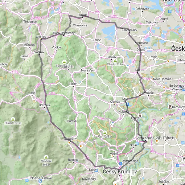 Miniaturní mapa "Cyklotrasa Lhenice - okruh přes Nad Muškou, Horní Chrášťany a Zlatá Koruna" inspirace pro cyklisty v oblasti Jihozápad, Czech Republic. Vytvořeno pomocí plánovače tras Tarmacs.app