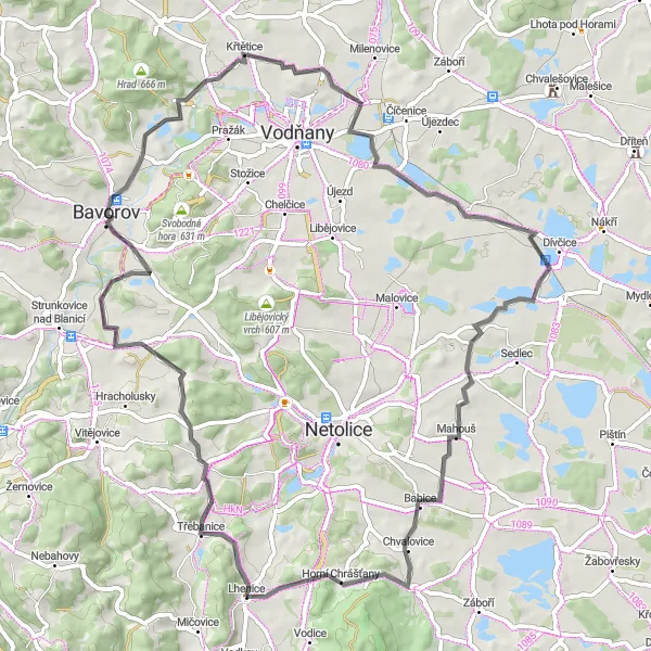 Map miniature of "Třebanice Circuit" cycling inspiration in Jihozápad, Czech Republic. Generated by Tarmacs.app cycling route planner