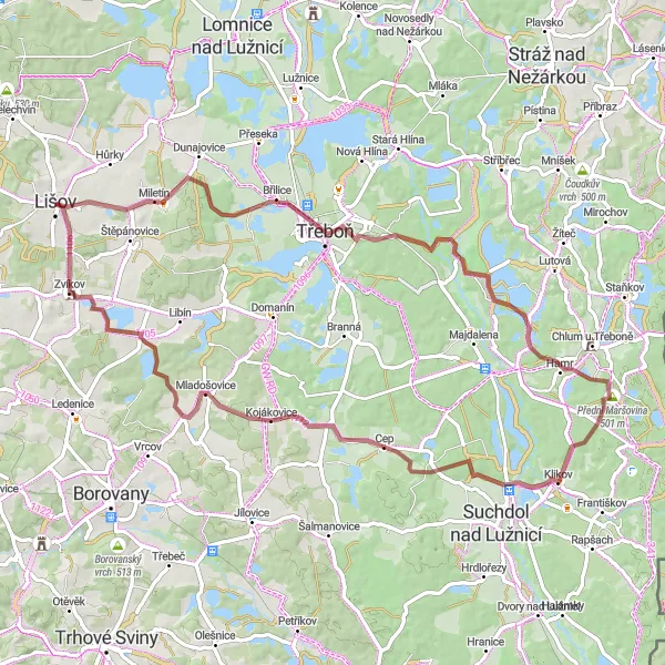 Map miniature of "The Třeboň Lakes Gravel Explorer" cycling inspiration in Jihozápad, Czech Republic. Generated by Tarmacs.app cycling route planner