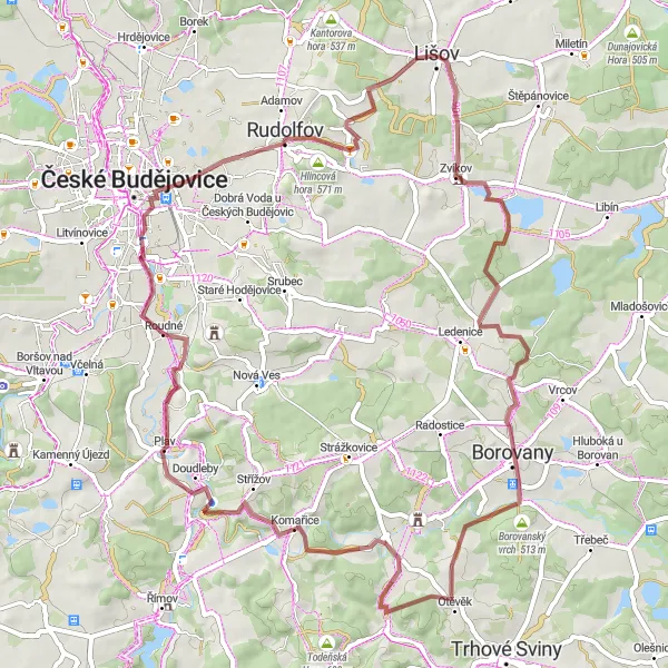 Mapa miniatúra "Gravel Biking Lišov - Klauda Circuit" cyklistická inšpirácia v Jihozápad, Czech Republic. Vygenerované cyklistickým plánovačom trás Tarmacs.app