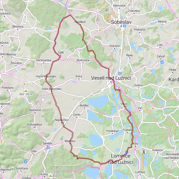 Miniaturní mapa "Gravelová cesta kolem Lomnice nad Lužnicí" inspirace pro cyklisty v oblasti Jihozápad, Czech Republic. Vytvořeno pomocí plánovače tras Tarmacs.app