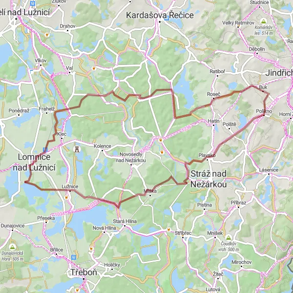 Mapa miniatúra "Gravel okolo Lomnice" cyklistická inšpirácia v Jihozápad, Czech Republic. Vygenerované cyklistickým plánovačom trás Tarmacs.app
