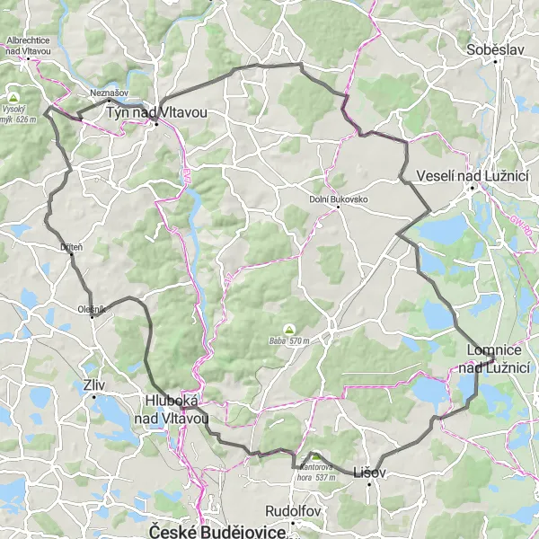 Miniaturní mapa "Road Route to Hosín and Březnice" inspirace pro cyklisty v oblasti Jihozápad, Czech Republic. Vytvořeno pomocí plánovače tras Tarmacs.app