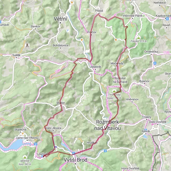 Mapa miniatúra "Gravelová trasa Luč - Kraví hora" cyklistická inšpirácia v Jihozápad, Czech Republic. Vygenerované cyklistickým plánovačom trás Tarmacs.app