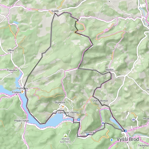 Karten-Miniaturansicht der Radinspiration "Road-Rundtour nach Lipno nad Vltavou" in Jihozápad, Czech Republic. Erstellt vom Tarmacs.app-Routenplaner für Radtouren