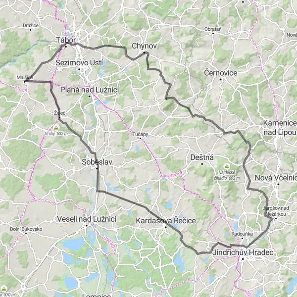 Mapa miniatúra "Okruh kolem Malšic" cyklistická inšpirácia v Jihozápad, Czech Republic. Vygenerované cyklistickým plánovačom trás Tarmacs.app