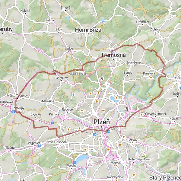 Map miniature of "Krkavec and Česká Bříza Expedition" cycling inspiration in Jihozápad, Czech Republic. Generated by Tarmacs.app cycling route planner