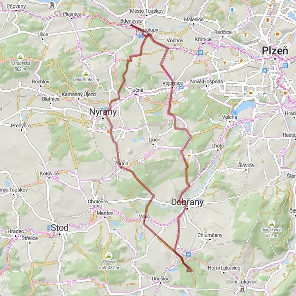 Miniaturní mapa "Vyjížďka do okolí Touškova" inspirace pro cyklisty v oblasti Jihozápad, Czech Republic. Vytvořeno pomocí plánovače tras Tarmacs.app