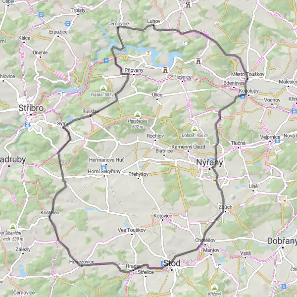 Mapa miniatúra "Okruh přes Město Touškov a okolí" cyklistická inšpirácia v Jihozápad, Czech Republic. Vygenerované cyklistickým plánovačom trás Tarmacs.app