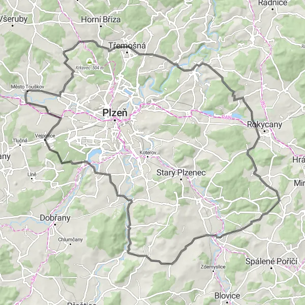 Mapa miniatúra "Okružná cesta cez Město Touškov" cyklistická inšpirácia v Jihozápad, Czech Republic. Vygenerované cyklistickým plánovačom trás Tarmacs.app