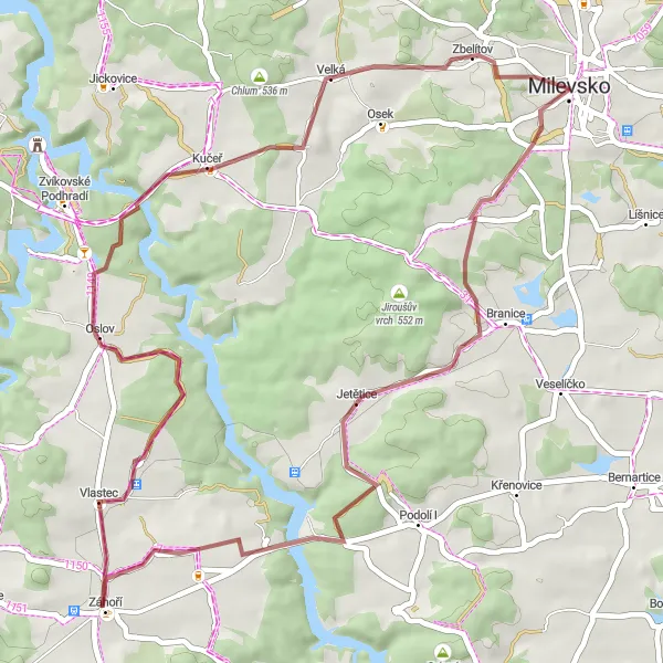 Map miniature of "Scenic Gravel Ride near Milevsko" cycling inspiration in Jihozápad, Czech Republic. Generated by Tarmacs.app cycling route planner