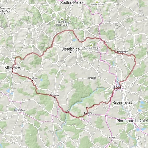 Map miniature of "Exploring Milevsko's Gravel Trails" cycling inspiration in Jihozápad, Czech Republic. Generated by Tarmacs.app cycling route planner