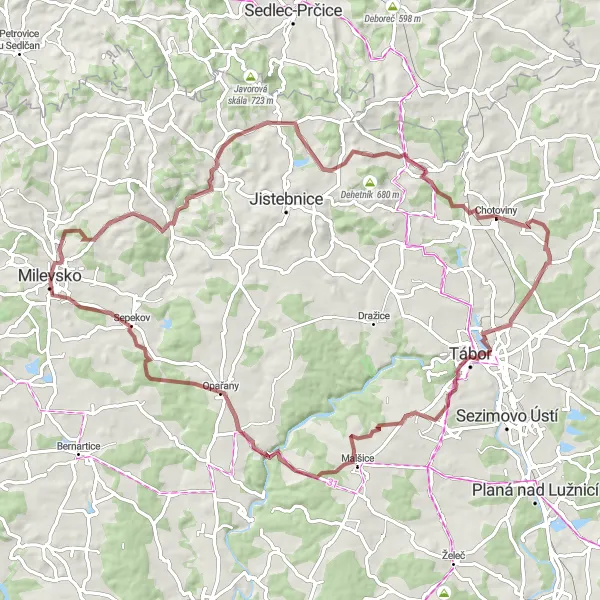 Mapa miniatúra "Extrémna cyklotrasa s náročným prevýšením" cyklistická inšpirácia v Jihozápad, Czech Republic. Vygenerované cyklistickým plánovačom trás Tarmacs.app