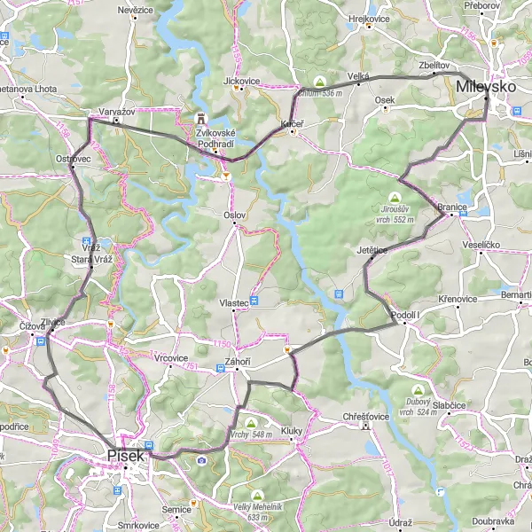 Karten-Miniaturansicht der Radinspiration "Eine Tour voller Herausforderungen auf 70 km langen Straßenrouten in der Nähe von Milevsko" in Jihozápad, Czech Republic. Erstellt vom Tarmacs.app-Routenplaner für Radtouren