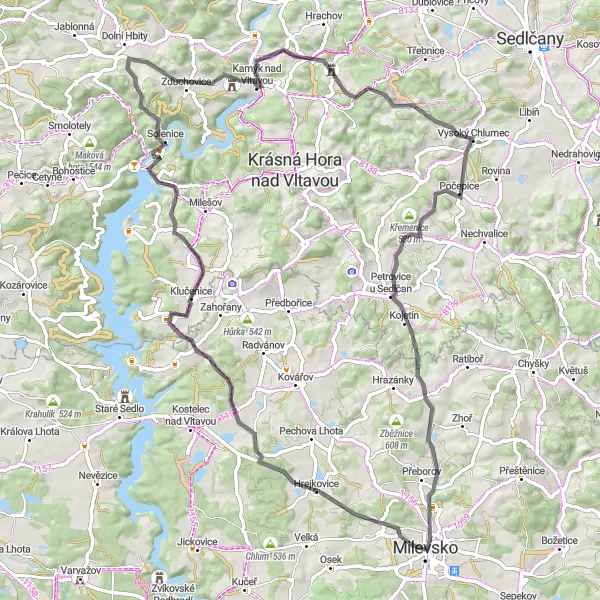 Karten-Miniaturansicht der Radinspiration "Entdecke die Schätze von Milevsko auf 76 km langen Straßenfahrten" in Jihozápad, Czech Republic. Erstellt vom Tarmacs.app-Routenplaner für Radtouren