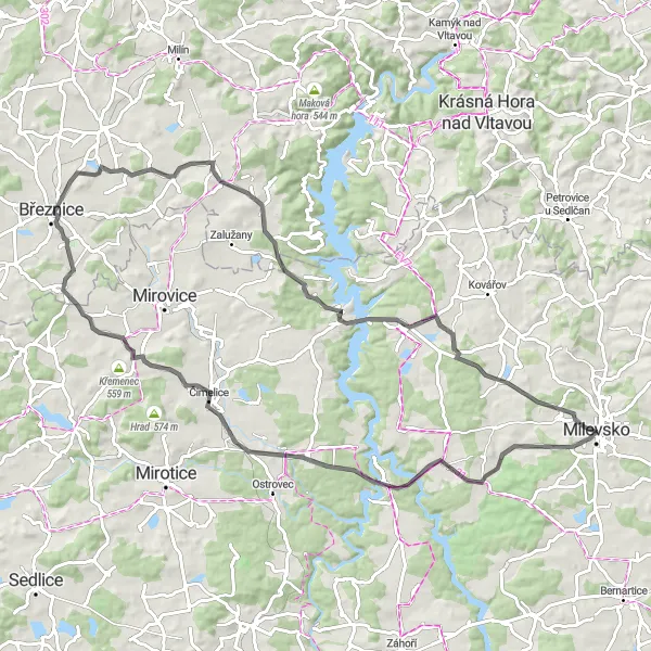 Miniaturní mapa "Cyklo okruh u Milevska" inspirace pro cyklisty v oblasti Jihozápad, Czech Republic. Vytvořeno pomocí plánovače tras Tarmacs.app