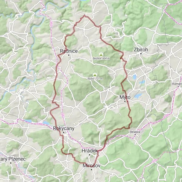 Mapa miniatúra "Gravel okruh od Mirošova" cyklistická inšpirácia v Jihozápad, Czech Republic. Vygenerované cyklistickým plánovačom trás Tarmacs.app