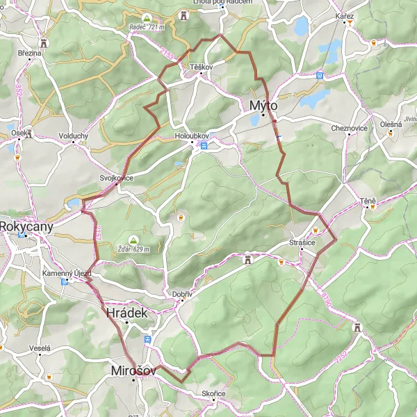 Miniaturní mapa "Kolem okolí Mirošova na gravelu" inspirace pro cyklisty v oblasti Jihozápad, Czech Republic. Vytvořeno pomocí plánovače tras Tarmacs.app