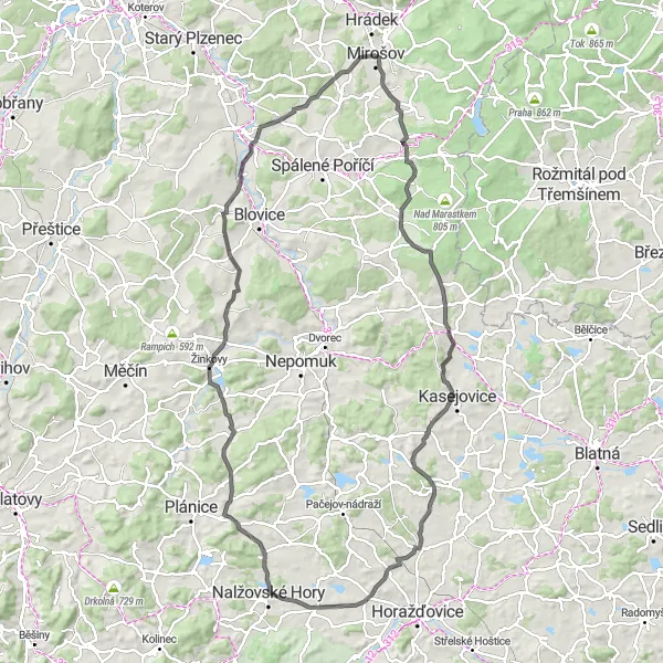 Miniatura mapy "Długa trasa rowerowa w okolicach Mirošova" - trasy rowerowej w Jihozápad, Czech Republic. Wygenerowane przez planer tras rowerowych Tarmacs.app