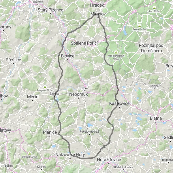 Mapa miniatúra "Road dobrodružstvo v západnom Čechách" cyklistická inšpirácia v Jihozápad, Czech Republic. Vygenerované cyklistickým plánovačom trás Tarmacs.app