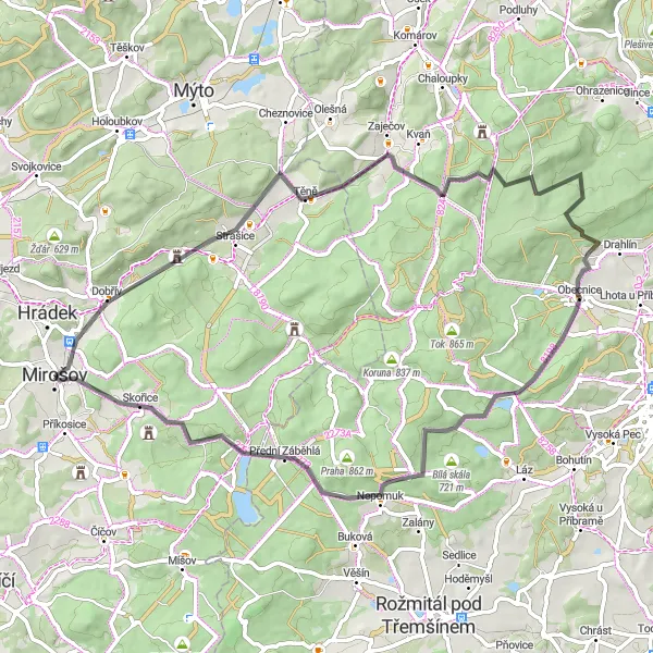 Miniatura mapy "Rowerowa trasa szosowa w okolicach Mirošova" - trasy rowerowej w Jihozápad, Czech Republic. Wygenerowane przez planer tras rowerowych Tarmacs.app