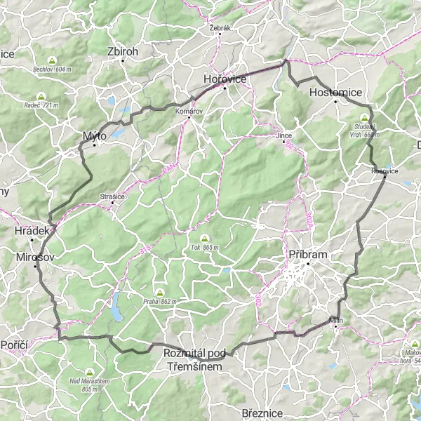 Miniaturní mapa "Okruh kolem Mirošova" inspirace pro cyklisty v oblasti Jihozápad, Czech Republic. Vytvořeno pomocí plánovače tras Tarmacs.app