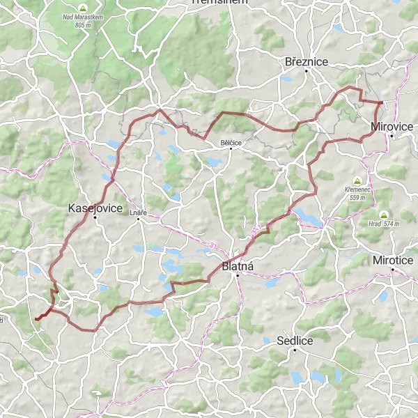 Map miniature of "Mirovice and Myslínek Gravel Loop" cycling inspiration in Jihozápad, Czech Republic. Generated by Tarmacs.app cycling route planner
