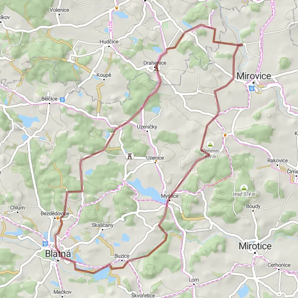 Miniaturní mapa "Charming Gravel Circuit" inspirace pro cyklisty v oblasti Jihozápad, Czech Republic. Vytvořeno pomocí plánovače tras Tarmacs.app