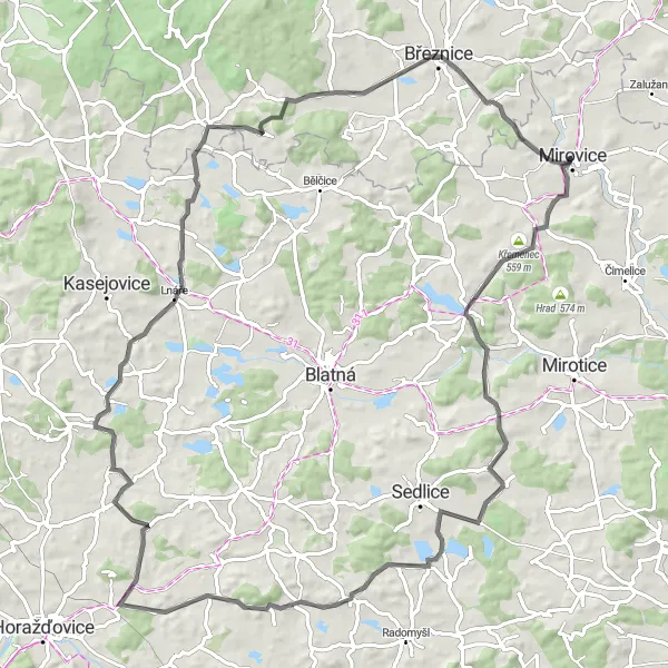 Map miniature of "Mirovice Road Adventure" cycling inspiration in Jihozápad, Czech Republic. Generated by Tarmacs.app cycling route planner