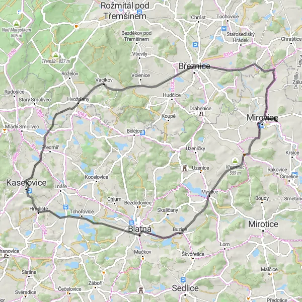 Miniaturní mapa "Road Route to Vacíkov" inspirace pro cyklisty v oblasti Jihozápad, Czech Republic. Vytvořeno pomocí plánovače tras Tarmacs.app