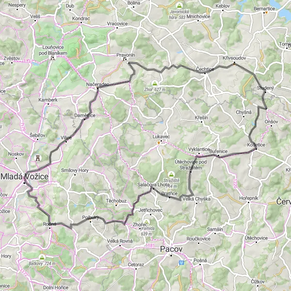 Mapa miniatúra "Okolo Mladé Vožice" cyklistická inšpirácia v Jihozápad, Czech Republic. Vygenerované cyklistickým plánovačom trás Tarmacs.app