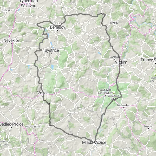 Miniaturní mapa "Cyklo okruh kolem Mladé Vožice" inspirace pro cyklisty v oblasti Jihozápad, Czech Republic. Vytvořeno pomocí plánovače tras Tarmacs.app