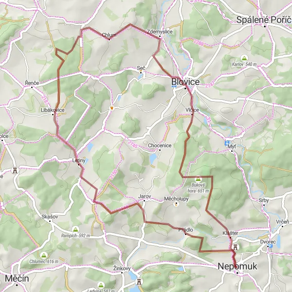 Mapa miniatúra "Gravelová trasa Nepomuk - Nepomuk" cyklistická inšpirácia v Jihozápad, Czech Republic. Vygenerované cyklistickým plánovačom trás Tarmacs.app