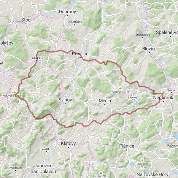 Miniaturní mapa "Gravelový okruh kolem Nepomuku" inspirace pro cyklisty v oblasti Jihozápad, Czech Republic. Vytvořeno pomocí plánovače tras Tarmacs.app