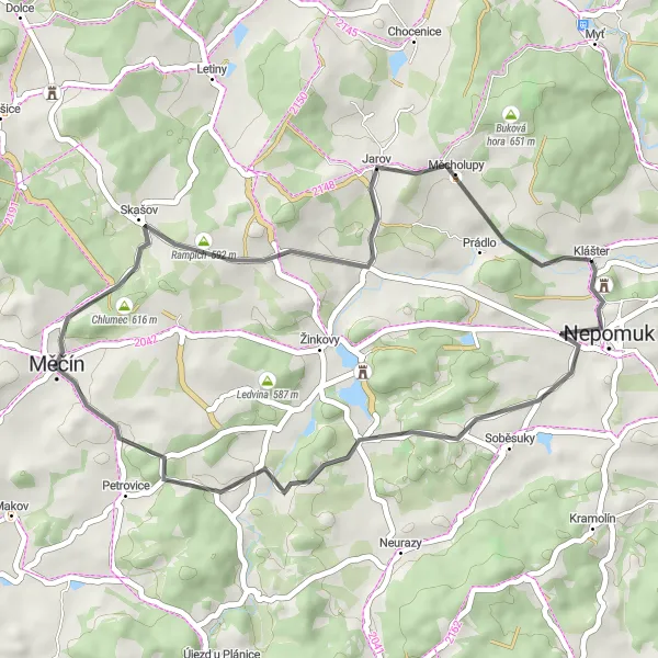 Miniaturní mapa "Výlet na kole do okolí Nepomuku" inspirace pro cyklisty v oblasti Jihozápad, Czech Republic. Vytvořeno pomocí plánovače tras Tarmacs.app