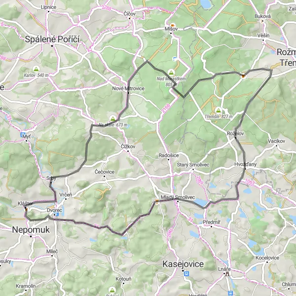 Mapa miniatúra "Okruh kolem Nepomuku - Road" cyklistická inšpirácia v Jihozápad, Czech Republic. Vygenerované cyklistickým plánovačom trás Tarmacs.app