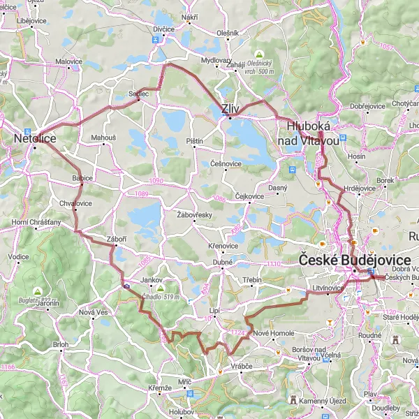 Miniaturní mapa "Gravel Litvínovice Trail" inspirace pro cyklisty v oblasti Jihozápad, Czech Republic. Vytvořeno pomocí plánovače tras Tarmacs.app