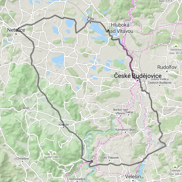 Miniaturní mapa "Cyklotrasa kolem Netolic" inspirace pro cyklisty v oblasti Jihozápad, Czech Republic. Vytvořeno pomocí plánovače tras Tarmacs.app