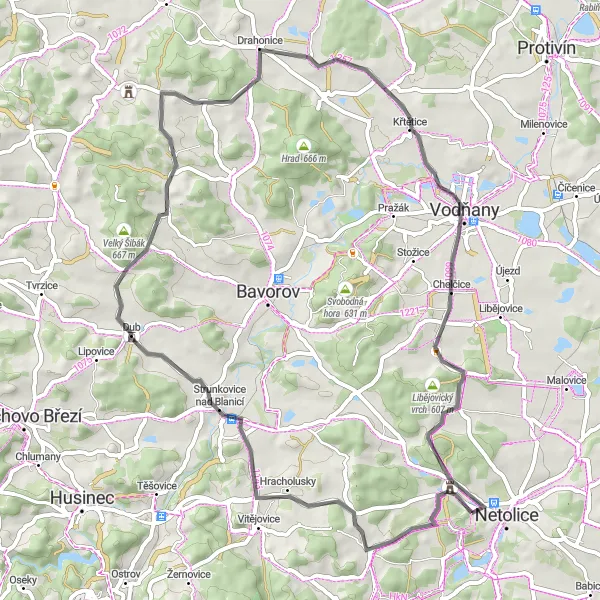 Map miniature of "Netolice - Žitná - Ostrá - Jezvina - Netonice - Lomec - Petrův Dvůr" cycling inspiration in Jihozápad, Czech Republic. Generated by Tarmacs.app cycling route planner