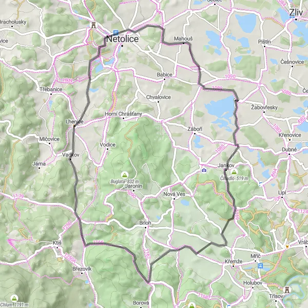 Mapa miniatúra "Kolem vrchů a luk" cyklistická inšpirácia v Jihozápad, Czech Republic. Vygenerované cyklistickým plánovačom trás Tarmacs.app