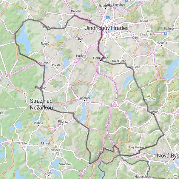 Miniaturní mapa "Okruh kolem Nové Bystřice přes Nový Vojířov a Číměř" inspirace pro cyklisty v oblasti Jihozápad, Czech Republic. Vytvořeno pomocí plánovače tras Tarmacs.app