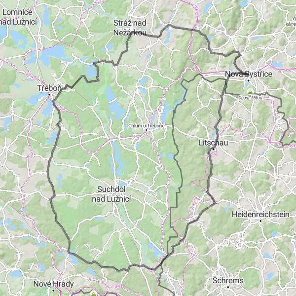 Miniaturní mapa "Okružní cyklistická trasa okolo Nové Bystřice" inspirace pro cyklisty v oblasti Jihozápad, Czech Republic. Vytvořeno pomocí plánovače tras Tarmacs.app