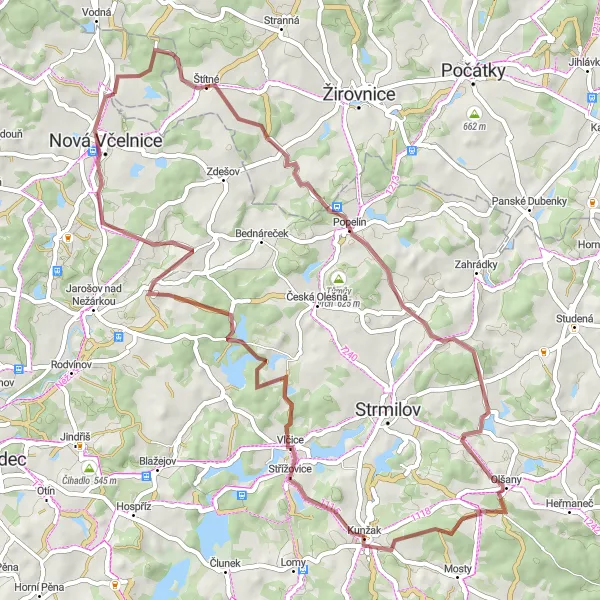 Mapa miniatúra "Gravelová jazdná trasa cez Střížovice a Novú Včelnice" cyklistická inšpirácia v Jihozápad, Czech Republic. Vygenerované cyklistickým plánovačom trás Tarmacs.app