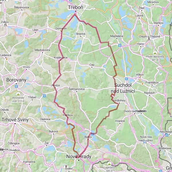 Mapa miniatúra "Gravel Route Petříkov - Nové Hrady" cyklistická inšpirácia v Jihozápad, Czech Republic. Vygenerované cyklistickým plánovačom trás Tarmacs.app