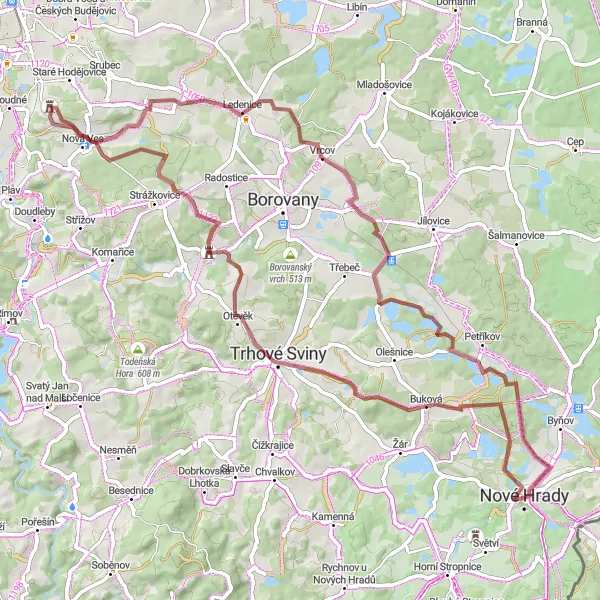 Karten-Miniaturansicht der Radinspiration "Bergauf und bergab um Nové Hrady" in Jihozápad, Czech Republic. Erstellt vom Tarmacs.app-Routenplaner für Radtouren